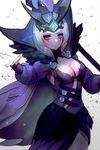  breasts cape cleavage emilia_leblanc feathers forehead_jewel hanato_(seonoaiko) league_of_legends long_sleeves looking_at_viewer makeup mascara medium_breasts outstretched_arm purple_eyes ravenborn_leblanc simple_background smile solo staff white_background white_hair 