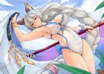  absurdly_long_hair animal_ears armpits backless_outfit blue_sky blush braid breasts cat_ears cleavage closed_mouth cloud commentary_request covered_navel cowboy_shot day dunceneygak dutch_angle erune granblue_fantasy hair_between_eyes hair_intakes hair_tubes heles large_breasts long_hair looking_at_viewer silver_hair single_braid sky solo swimsuit very_long_hair white_swimsuit yellow_eyes 