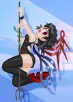  asymmetrical_wings black_hair black_legwear black_swimsuit blue_wings competition_swimsuit fang full_body houjuu_nue looking_at_viewer one-piece_swimsuit open_mouth pole_dancing polearm red_eyes red_footwear red_wings short_hair smile snake solo swimsuit thighhighs touhou trident weapon wings winn 