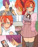  1girl blush cellphone comic commentary_request eroe faceless faceless_male genderswap genderswap_(mtf) green_eyes hasumi_souji_(eroe) igarashi_kyou_(eroe) looking_at_mirror mirror orange_hair original phone self_shot short_hair skirt smartphone thighhighs window 