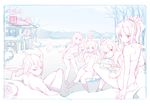  6+girls ahoge animal_ears ass astolfo_(fate) bathing breasts cheese closed_mouth convenient_arm cup elizabeth_bathory_(fate) elizabeth_bathory_(fate)_(all) fate/apocrypha fate/grand_order fate_(series) fiodo food headpiece highres horns ishtar_(fate/grand_order) jeanne_d'arc_(fate)_(all) jeanne_d'arc_alter_santa_lily long_hair looking_back lying medb_(fate)_(all) medb_(fate/grand_order) medium_breasts monochrome mordred_(fate) mordred_(fate)_(all) multiple_girls naked_towel nitocris_(fate/grand_order) oni oni_horns onsen partially_submerged ponytail sakazuki short_hair shuten_douji_(fate/grand_order) sidelocks sitting sketch small_breasts smile soaking_feet tail towel towel_on_head two_side_up wading water_gun work_in_progress 