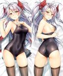  antenna_hair armpits ass ass_visible_through_thighs azur_lane bare_arms bare_shoulders bed_sheet black_legwear black_swimsuit blush breasts bright_pupils closed_mouth collarbone commentary_request competition_school_swimsuit covered_navel dakimakura dress dress_removed eyebrows_visible_through_hair from_above frown hand_on_own_thigh hand_up headgear highres kotatsu_(kotatsu358) lying medium_breasts mole mole_on_breast multicolored multicolored_eyes multiple_views nose_blush on_back on_side one-piece_swimsuit orange_eyes parted_lips prinz_eugen_(azur_lane) red_eyes sheet_grab shiny shiny_clothes shiny_skin sideboob skindentation sweat swimsuit thighhighs thighs two_side_up 
