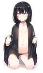  ass_visible_through_thighs black_hair black_panties blue_eyes bright_pupils closed_mouth expressionless flat_chest gradient gradient_background japanese_clothes long_sleeves looking_at_viewer medium_hair naki_(tsunekichi) navel open_clothes open_shirt original panties seiza shirt simple_background sitting solo tsunekichi underwear wide_sleeves 