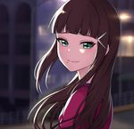  bangs black_hair bloom blunt_bangs blurry blurry_background commentary from_side green_eyes hair_ornament keita_(kta0) kurosawa_dia long_hair looking_at_viewer love_live! love_live!_sunshine!! mole mole_under_mouth night outdoors over_shoulder red_shirt shirt smile solo 