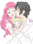  1boy 2girls baby black_hair blonde_hair cheek_kiss eyes_closed father_and_daughter george_kurai hair_ornament hand_holding happy highres hug-tan_(precure) hugtto!_precure husband_and_wife jewelry kiss long_hair mother_and_daughter multiple_girls nono_hana pink_hair precure ring smile spoilers teliot wedding_band 