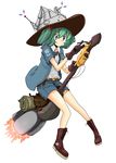  alternate_headwear blue_eyes blue_hair boots broom broom_riding commentary deflinger exhaust fire gloves hair_bobbles hair_ornament hat highres jacket kawashiro_nitori key mechanical_broom radio_antenna short_hair shorts solo tongue tongue_out touhou two_side_up vest witch witch_hat 