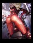  absurdres ass blonde_hair blurry bodysuit boots depth_of_field fake_tail from_behind ground_vehicle hair_ornament hairclip highres latex looking_at_viewer looking_back motor_vehicle motorcycle persona persona_5 skin_tight smile tail takamaki_anne thigh_boots thighhighs twintails xyz_(xiaoyezi) 