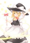  ;d absurdres apron blonde_hair blouse blush bow frilled_skirt frills hat hat_bow hat_ribbon highres kirisame_marisa long_hair long_skirt one_eye_closed open_mouth puffy_short_sleeves puffy_sleeves ribbon short_sleeves skirt skirt_set smile solo touhou unira vest waist_apron wand white_bow witch_hat yellow_eyes 