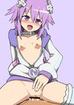  1girl bottomless censored cum girl_on_top happy_sex jacket looking_at_viewer mizutenka neptune_(choujigen_game_neptune) nipples open_mouth purple_eyes pussy saliva sex short_hair small_breasts smile thighhighs vaginal 