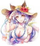  animal_ears armlet azalea4 bracelet braid breasts cat_ears cleavage collarbone commentary_request ears_through_headwear erune flower granblue_fantasy hair_between_eyes hair_tubes hat hat_flower heles hibiscus jewelry large_breasts long_hair looking_at_viewer md5_mismatch parted_lips silver_hair single_braid smile solo straw_hat sun_hat swimsuit upper_body very_long_hair white_swimsuit yellow_eyes 