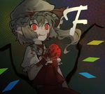  apple ascot blonde_hair blood blood_on_face bloody_clothes bloody_hair bloody_hands empty_eyes fang flandre_scarlet food frilled_shirt_collar frills fruit glowing glowing_eyes hat holding holding_food holding_fruit mob_cap nakano_elsa puffy_short_sleeves puffy_sleeves red_eyes short_sleeves smile solo touhou upper_body wings 