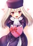  albino blush bow box capelet commentary_request cowboy_shot dress eyebrows_visible_through_hair fal fate/stay_night fate_(series) gift gift_box gift_wrapping gloves happy heart heart-shaped_box holding holding_gift illyasviel_von_einzbern incoming_gift long_hair looking_at_viewer outstretched_arms purple_coat purple_hair red_bow red_eyes scarf simple_background solo upper_teeth valentine white_dress white_gloves white_hair white_scarf winter_clothes 