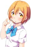  blue_bow bow dress_shirt highres hoshizora_rin looking_at_viewer love_live! love_live!_school_idol_project open_mouth orange_hair otonokizaka_school_uniform school_uniform sen_(sen0910) shirt short_hair short_sleeves simple_background solo upper_body white_background white_shirt yellow_eyes 