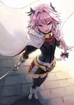  androgynous astolfo_(fate) black_bow black_ribbon bow braid commentary_request fang fate/apocrypha fate/grand_order fate_(series) garter_straps hair_intakes hair_ribbon highres male_focus multicolored_hair otoko_no_ko pink_hair purple_eyes ribbon sawawse single_braid streaked_hair sword weapon 