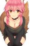  animal_ears bent_over black_legwear breasts brown_eyes choker cleavage closed_mouth collarbone commentary_request dress eyebrows_visible_through_hair fate/extra fate_(series) fox_ears fox_tail haani highres large_breasts looking_at_viewer looking_away off-shoulder_sweater pink_hair ribbon_choker sidelocks simple_background smile solo sweater sweater_dress tail tamamo_(fate)_(all) tamamo_no_mae_(fate) thighhighs white_background zettai_ryouiki 