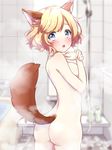  :o animal_ears ass bangs bathroom bathtub blonde_hair blurry blush bottle breasts commentary_request depth_of_field fox_ears fox_tail from_behind large_breasts looking_back nude open_mouth original sakamo2424 short_hair shower_head solo standing steam swept_bangs tail tile_floor tile_wall tiles water 