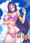  bare_shoulders bikini blush breasts choker cleavage collarbone commentary_request eyepatch_bikini fate/grand_order fate_(series) houman large_breasts long_hair minamoto_no_raikou_(fate/grand_order) minamoto_no_raikou_(swimsuit_lancer)_(fate) navel purple_bikini purple_eyes purple_hair solo swimsuit very_long_hair 