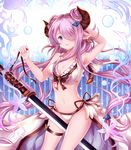  armpits bikini blue_eyes blush breasts cleavage commentary_request cowboy_shot draph earrings granblue_fantasy groin hair_ornament hair_over_one_eye highres horns jewelry katana large_breasts lavender_hair long_hair looking_at_viewer low_tied_hair narmaya_(granblue_fantasy) navel parted_lips pointy_ears smile soda_(sodachuxd) solo stomach swimsuit sword thigh_strap very_long_hair weapon white_bikini 