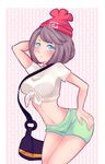  1girl artist_request bag blue_eyes hat looking_at_viewer midriff mizuki_(pokemon_sm) pokemon pokemon_(game) shorts solo 