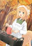  :d animal_ears autumn_leaves bangs barbecue batta_(kanzume_quality) blonde_hair blue_eyes blunt_bangs blush chopsticks cooking day dutch_angle fan fang food forest fox_ears fox_tail fox_wife_(batta_(kanzume_quality)) green_kimono grill grilling holding japanese_clothes kappougi kimono long_sleeves looking_at_viewer nature open_mouth original outdoors paper_fan smile solo_focus standing tail tree uchiwa v 