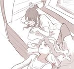  bed blanket commentary_request diana_cavendish highres kagari_atsuko little_witch_academia multiple_girls pillow shirt t-shirt tank_top window 