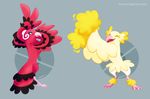  2016 ambiguous_gender baile_oricorio black_feathers duo eyes_closed eyeshadow feathers feral grey_background makeup nintendo open_mouth open_smile oricorio pok&eacute;mon pok&eacute;mon_(species) pom-pom_oricorio red_feathers simple_background smile talons thedrawingbirb video_games yellow_feathers 