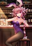  aaeru animal_ears astolfo_(fate) bangs bar black_legwear bottle braid breasts bunny_ears bunnysuit commentary_request covered_nipples cup day drinking_glass eyebrows_visible_through_hair fang fate/apocrypha fate_(series) fishnet_pantyhose fishnets from_side genderswap genderswap_(mtf) hair_between_eyes hair_intakes heart heart_hands highres indoors leotard long_hair looking_at_viewer open_mouth pantyhose purple_eyes purple_hair purple_leotard sidelocks single_braid sitting small_breasts smile solo very_long_hair wine_bottle wine_glass wrist_cuffs 