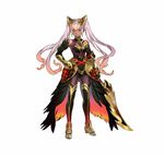  bangs bare_shoulders dark_skin feather_trim fire_emblem fire_emblem_heroes full_body gauntlets gradient gradient_hair hair_ornament hand_on_hip holding holding_weapon laevateinn_(fire_emblem_heroes) long_hair maeshima_shigeki multicolored_hair official_art pink_hair red_eyes red_hair simple_background standing sword thighhighs turtleneck twintails weapon white_background 