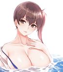  bare_shoulders breasts brown_eyes brown_hair cleavage cocq_taichou collarbone commentary expressionless hair_between_eyes hand_on_own_chest japanese_clothes kaga_(kantai_collection) kantai_collection kimono large_breasts long_hair looking_at_viewer no_bra off_shoulder side_ponytail simple_background solo water wet white_background white_kimono 