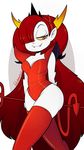  2017 blushmallet breasts cleavage clothed clothing demon devil_horns fangs female hair hair_over_eye hekapoo horn humanoid legwear looking_at_viewer orange_eyes pitchfork pointy_ears red_hair slit_pupils solo spade_tail star_vs._the_forces_of_evil thigh_highs white_skin wide_hips yellow_sclera 