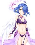  absurdres ahoge angel_wings arm_at_side arm_tattoo bikini blue_hair blush breasts closed_mouth collarbone cowboy_shot feathered_wings garter_straps hair_over_one_eye halo head_tilt highres ikasoke_(likerm6au) light_smile looking_at_viewer low_wings medium_breasts navel no_game_no_life purple_bikini purple_legwear raphael_(no_game_no_life) scar short_hair single_thighhigh solo standing swimsuit tattoo thigh_gap thighhighs white_background white_wings wings yellow_eyes 