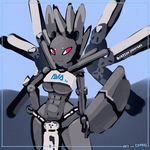  2017 abs android anthro big_breasts breasts cephei clothed clothing female hands_on_hips humanoid loincloth machine not_furry robot simple_background smile solo under_boob 