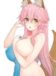 animal_ears arm_up breasts commentary_request eyebrows_visible_through_hair fate/extra fate_(series) fox_ears fox_tail haani hair_between_eyes hand_on_own_chest highres large_breasts long_hair navel open_mouth pink_hair simple_background solo tail tamamo_(fate)_(all) tamamo_no_mae_(fate) towel white_background yellow_eyes 