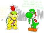  2012 bib blush bowser_jr. covering covering_crotch cursive duo koopa looking_at_viewer male mario_bros nintendo open_mouth scalie shell simple_background slit smile smirk tairenukitty video_games white_background yoshi 