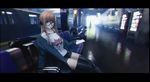  black_legwear blurry cellphone depth_of_field film_grain glasses ground_vehicle headphones highres jacket long_hair looking_at_viewer off_shoulder persona persona_5 phone sakura_futaba short_shorts shorts sitting smartphone smile solo subway thighhighs train xyz_(xiaoyezi) 