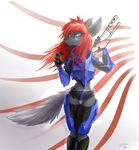  anthro black_nose blue_eyes canine digital_media_(artwork) female gun hair holding_object holding_weapon mammal ramiras ranged_weapon red_hair solo weapon wolf 