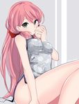  akashi_(kantai_collection) alternate_costume baozi bare_shoulders breasts china_dress chinese_clothes commentary dress eating food green_eyes groin ica kantai_collection long_hair looking_at_viewer medium_breasts no_panties pink_hair sitting solo 