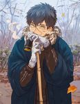  black_hair breath broom can canned_coffee doudanuki_masakuni gloves haori japanese_clothes katatei leaf looking_at_viewer male_focus scar scarf smile solo touken_ranbu track_suit tree upper_body white_gloves yellow_eyes 