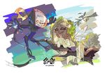  black_hair commentary crown dark_skin fairy fantasy floating highres hime_(splatoon) iida_(splatoon) inoue_seita lying multiple_girls octarian official_art on_stomach orange_eyes science_fiction smile space spacesuit splatoon_(series) splatoon_2 tentacle_hair tree_branch 