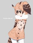  arms_behind_back brown_eyes brown_hair buttons character_name closed_mouth coat commentary contrapposto cowboy_shot english eurasian_eagle_owl_(kemono_friends) expressionless eyelashes fur_collar grey_background hair_between_eyes head_wings ica kemono_friends light_brown_hair long_sleeves looking_to_the_side multicolored_hair pantyhose pocket short_hair simple_background solo standing tail tareme white_hair white_legwear wings 