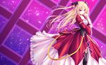  1girl blonde_hair dress frills hair_ribbon highres long_hair lunaris_filia petals red_eyes ribbon solo sylvia_luna_infinitus tenmaso 