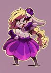  anthro bittenhard blonde_hair breasts broodals buckteeth cleavage clothed clothing dress female fur gloves hair harriet_(mario) hat lagomorph mammal purple_background rabbit red_eyes simple_background solo super_mario_odyssey teeth white_fur 