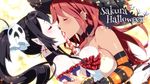  2girls black_hair candy cross food game_cg halloween hat long_hair miyu_(sakura_halloween) multiple_girls pointy_ears ponytail red_hair sabrina_(sakura_halloween) sakura_halloween wanaca winged_cloud witch witch_hat yuri 