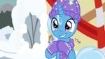  2017 animated beanie blue_hair boots christmas clapping clothing cute equine evil-dec0y eyelashes female footwear friendship_is_magic hair happy hat hi_res holidays horn mammal mountain my_little_pony outside purple_eyes scarf smile snow solo solo_focus star teeth text trixie_(mlp) unicorn winter 