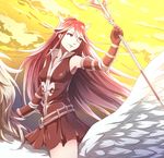  1girl fire_emblem fire_emblem:_kakusei gloves hair_ornament long_hair looking_at_viewer pegasus_knight polearm red_eyes red_hair small_breast smile solo tiamo very_long_hair weapon 