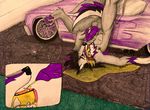  anatomically_correct animal_genitalia anthro bossman1969 canine car dog drinking drinking_urine fur grey_fur lying male mammal nude on_back on_ground peeing penis purple_penis simple_background solo urine urine_in_own_mouth vehicle watersports wetting 