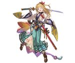  aqua_eyes arm_guards bangs blonde_hair bridal_gauntlets full_body granblue_fantasy hair_ornament holding holding_sword holding_weapon japanese_clothes katana minaba_hideo mirin_(granblue_fantasy) official_art one_eye_closed open_mouth sheath solo sword transparent_background weapon wide_sleeves 