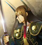  brown_hair commentary highres horns juuni_taisen kashii_eiji long_hair male_focus matador mattari_yufi necktie profile red_eyes solo sword twitter_username weapon 