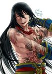  abs artist_name black_hair chest_tattoo closed_eyes commentary_request fate/grand_order fate_(series) hair_between_eyes long_hair lr_hijikata male_focus muscle ponytail shirtless simple_background smile tattoo twitter_username upper_body white_background yan_qing_(fate/grand_order) 