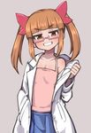  bangs beige_background blue_skirt blunt_bangs blush body_blush bow breasts cleavage collarbone eyebrows_visible_through_hair gazacy_(dai) glasses grin hair_bow hand_in_pocket head_tilt highres idolmaster idolmaster_cinderella_girls ikebukuro_akiha jitome labcoat long_hair looking_at_viewer orange_eyes orange_hair oversized_clothes pink-framed_eyewear pink_bow pink_tank_top pleated_skirt pocket rectangular_eyewear removing_coat short_eyebrows sidelocks simple_background sketch skirt small_breasts smile solo spaghetti_strap tank_top teeth twintails undressing upper_body white_coat 